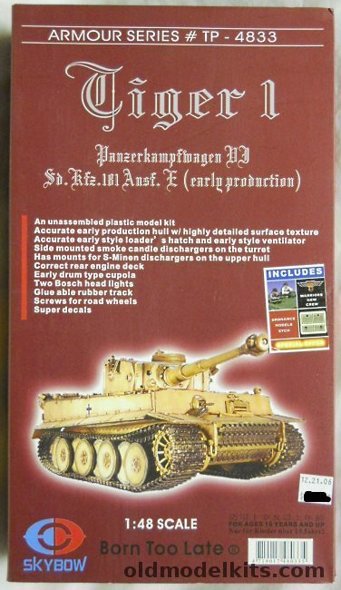 Skybow 1/48 Tiger 1 Panzerkampfwagon Sd. Kfz. 181 Ausf E Early Production, TP-4833 plastic model kit